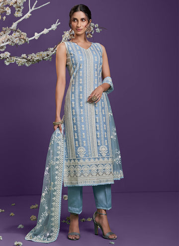Light Blue Pant Style Suit in Lakhnavi Work Soft Net Fabric